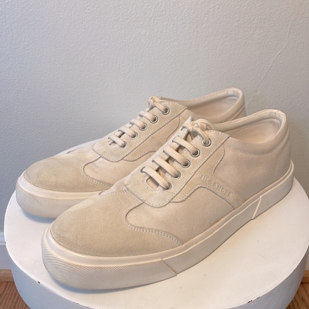 JIL SANDER Suede Canvas Low Top Sneakers in Porcelain Made in Italy